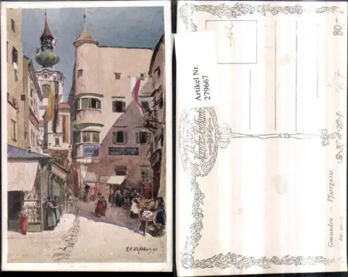 279667,Künstler AK E. F. Hofecker Gmunden Pfarrgasse Erker Kirchenturm pub Brüder Kohn B.K.W.I. 920euro7
