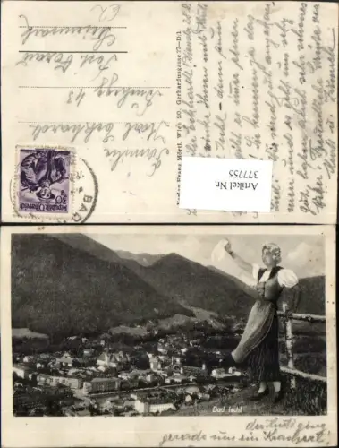 377755,Bad Ischl Totale Bergkulisse Frau in Tracht m. Tuch