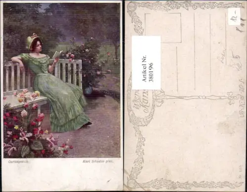 380196,Künstler Ak Karl Schuster Gartenpoesie Frau liest Buch Lesen pub B.K.W.I. 1113