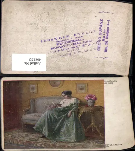 408355,Künstler Ak Karl M. Schuster Lesestündchen Frau liest Buch Lesen