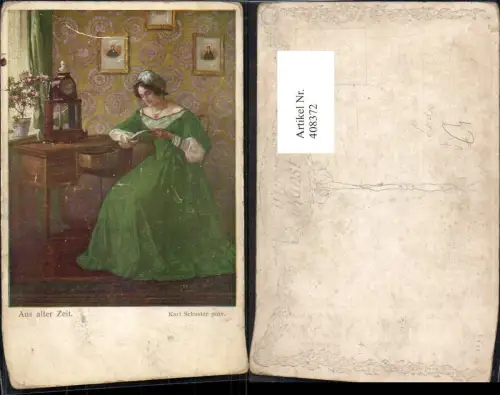 408372,Künstler Ak Karl Schuster Aus alter Zeit Frau liest Buch Lesen Uhr pub B.K.W.I. 1114