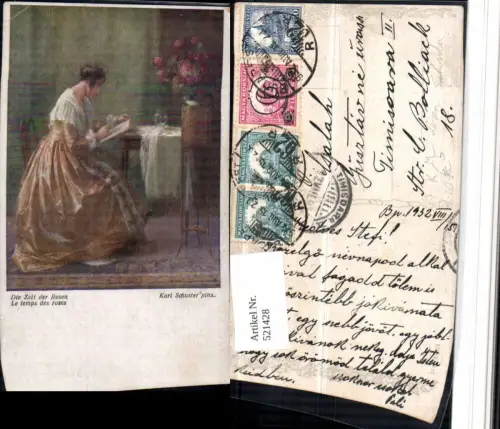 521428,Künstler AK K. Schuster Zeit Rosen Frau Kleid Lesen Schreiben pub B.K.W.I. 1668