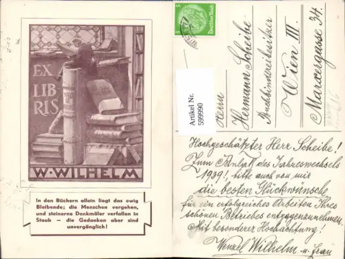 599990,Lesen Mann sitzt a. Buch Bücher Exlibris Spruch W. Wilhelm Reklame