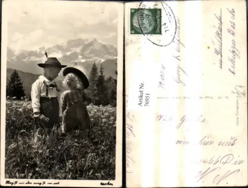 76951,Foto Ak Kinder Tracht Tirolerhut Wiese Bergkulisse Bahnpost Zug 714 Augsburg Lindau pub Max Stoess 158