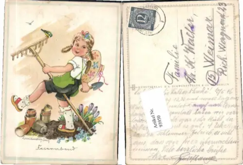 93950,Lotte Oldenburg Wittig Mädchen Rechen Vogel Hut Feierabend