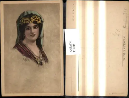 111705,Künstler Ak Frau Mode Kopfschmuck Schleier