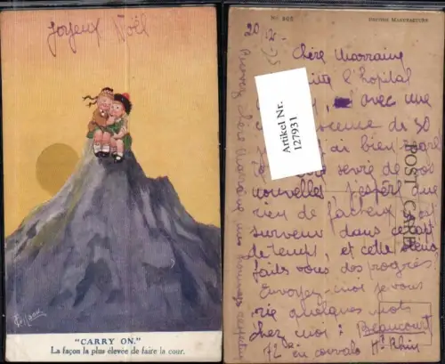 127931;Süsse Kinder Künstlerkarte Kinder sitzen am Berg Gipfel sign. T. Gilson