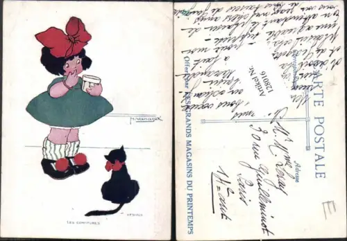 128016,M. Vanasek Süsse Kinder Künstlerkarte Katze Mädchen Kleid
