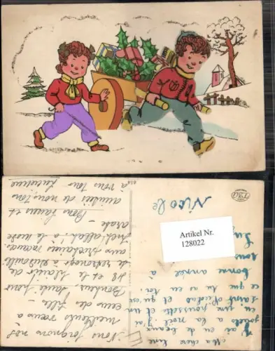 128022,Mechanische AK Kinder Weihnachten Karren