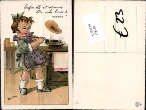 128160,Süsse Künstlerkarte Süsses Mädchen Kind am Herd kochen sign Michon