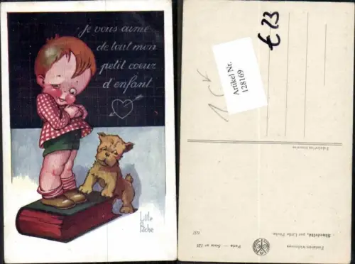 128169,Little Pitche sign. Süsse Künstlerkarte Kind Hund Buch