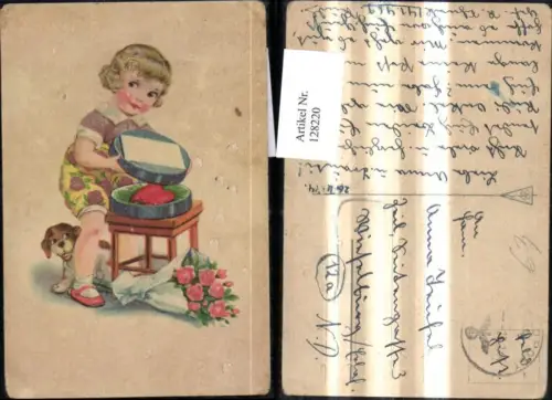 128220,Künstler Ak Mädchen m. Geschenkschachtel Herz Hund Rosen Strauß Blumen