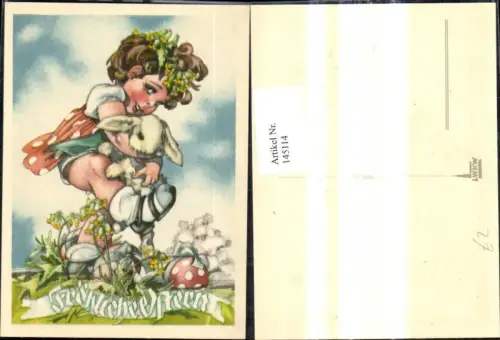 145114,Künstler Ak Mädchen Hase Osterhase Osterei Blumen Gesegnete Ostern