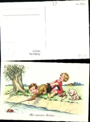 162217,Künstler Ak Kinder Mit vereinten Kräften Versuch Schuh z. angeln Hund