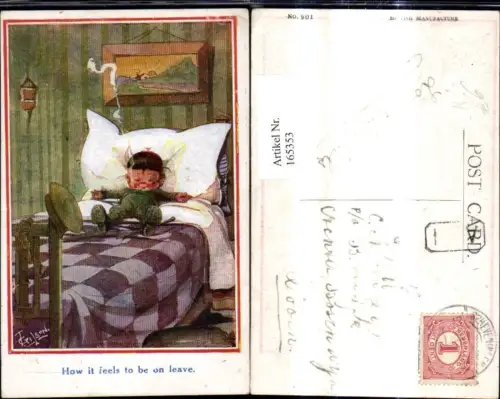 165353,Künstler Ak T. Gilson Bub Junge liegt i. Bett How it feels to be on leave