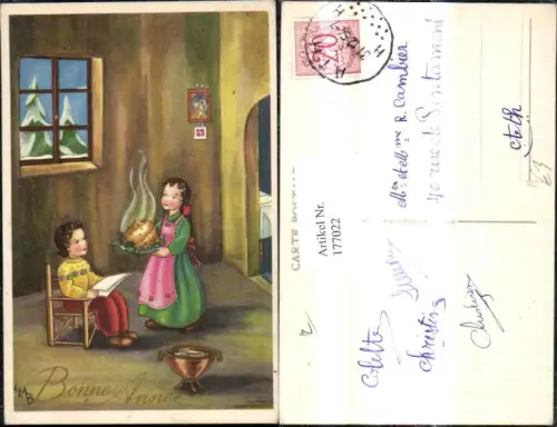 177022,Künstler Ak Kinder i. Stube Kuchen a. Teller Lesen Bonne Annee Weihnachten