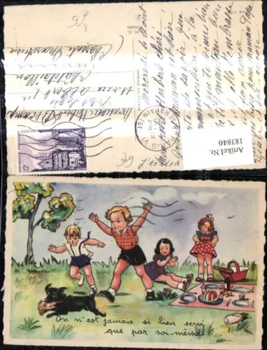 183840,Künstler Ak Kinder b. Picknick Hund als Dieb Huhn Brathuhn Essen Spruch Text
