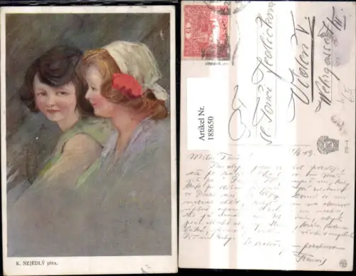 188650,Künstler Ak K. Nejedly Mädchen Kinder Kopftuch Blume i. Haar