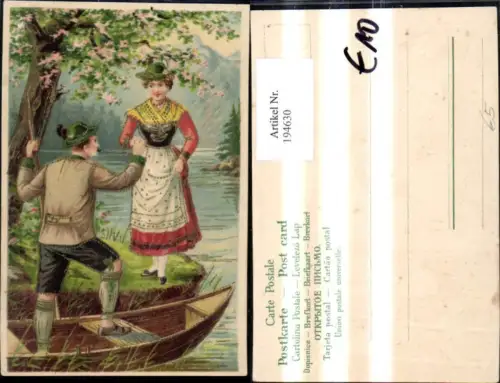 194630,Liebe Präge Frau Mann i. Tracht Ruderboot Boot Goldverzierung