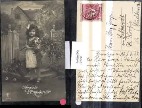 197491,Pfingstgrüße Mädchen m. Kleid u. Masche Zweige Korb