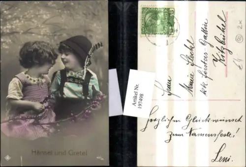 197498,Hänsel und Gretel Märchen Kinder Junge in Tracht m. Hut u. Feder Blumenzweige