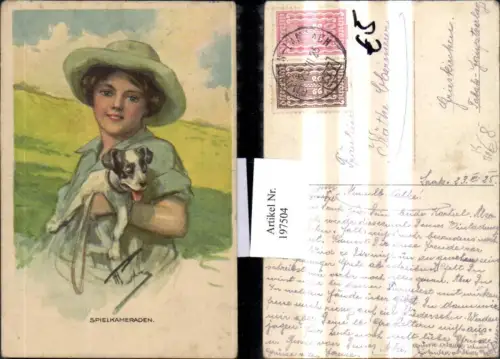 197504,Künstler AK H. Burton Mädchen m. Hut Hund Spielkameraden Bahnpost Zug 277