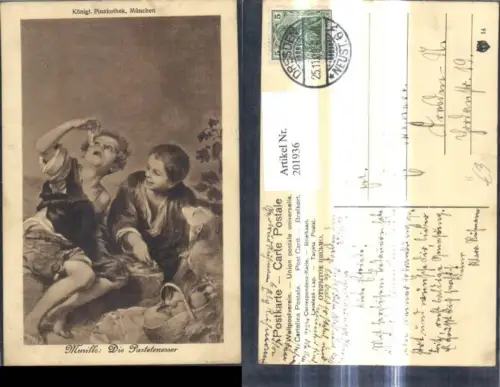 201936,Künstler Ak Murillo Die Pastetenesser Kinder Hut Essen Korb m. Äpfel