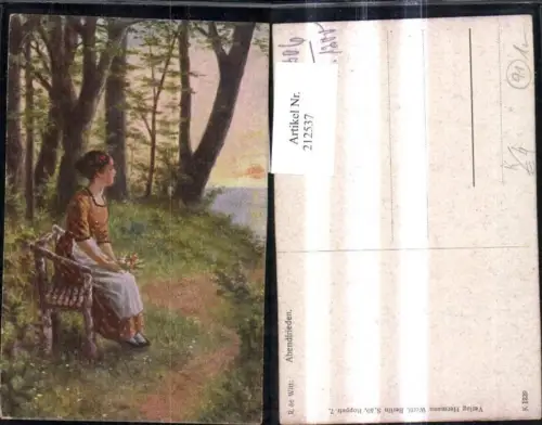 212537,Künstler AK R. de Witt „Abendfrieden“ Frau m. Kleid sitzt auf Sitzbank Blumenstrauß