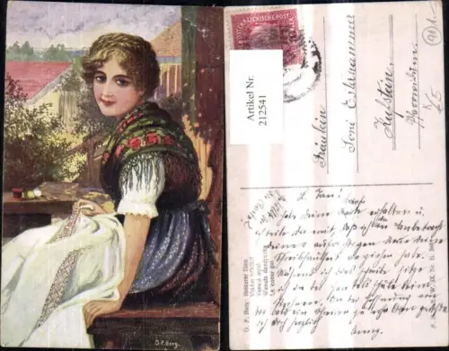 212541,Künstler AK O. F. Berg „Heiterer Sinn“ Frau in Tracht b. Sticken