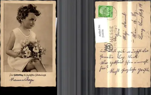 214536,Kind Mädchen m. Blumen Glückwunsch z. Namenstag Stempel Wiener Messe März 1942