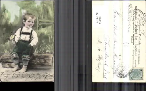 214568,Kind Künstler Ak Junge Bub i. Lederhose Tracht a. Baumstamm sitzend