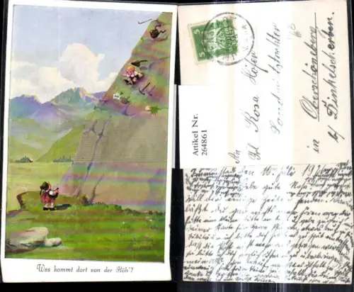 264861,Künstler Ak Kinder Mädchen a. Boden Junge rutscht v. Berg Felsen Spruch Bergsteigen