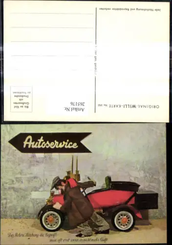 265176,Original Willi Karte 5703 Automobil Auto Mann schiebt z. Schild Autoservice Spruch