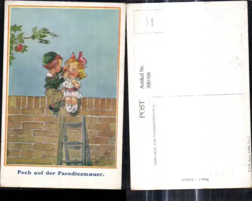 300708,Künstler Ak T. Gibson Kinder sitzen a. Mauer Pech a. d. Paradiesmauer pub Theo Stroefer 4000euro1