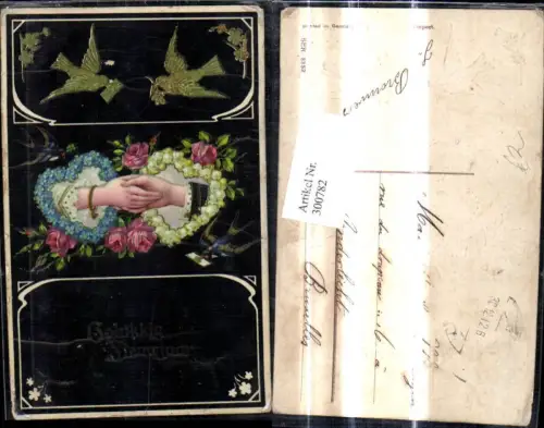 300782,Präge Litho Liebe Hände Handgeben Herzen a. Blüten Rosen Tauben m. Briefe Brieftauben