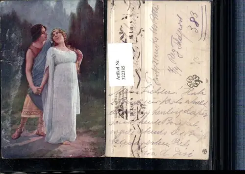 322385,Künstler AK F. Klimes Vertrauliche Frage Liebe Paar Toga Kleid