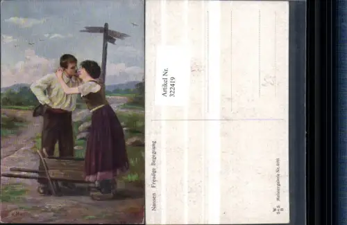 322419,Künstler AK H. Mortini Nansen Freudige Begegnung Liebe Paar Verliebter Blick Wegweiser