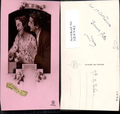 329742,Liebe Paar Umarmung Rosen Blumen Passepartout Bonne Annee pub P.C. Paris 5555euro5