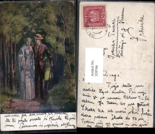 329746,Künstler Ak Liebe Paar spaziert durch Wald Blume Hut Gehstock