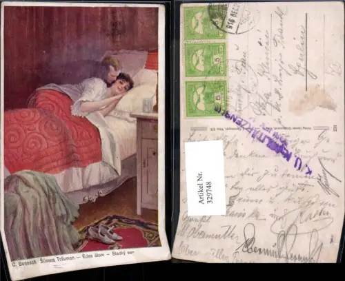 329748,Künstler Ak C. Benesch Süsses Träumen Liebe Paar Bett Kuss a. Wange