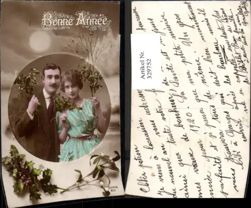 329752,Liebe Paar m. Mistelzweige Stechpalmenzweige Passepartout Bonne Annee