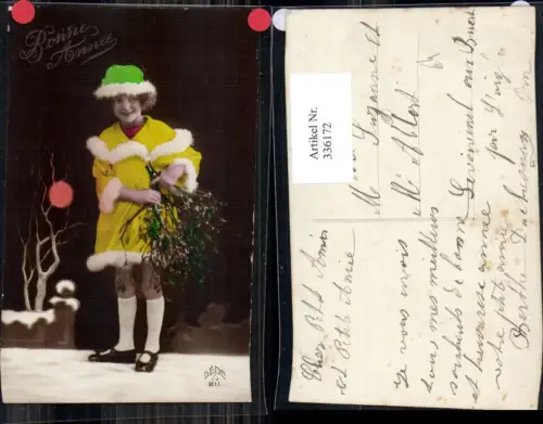 336172,Kind Kinder Mädchen m. Mantel Pelzkragen Misteln Haube Bonne Annee