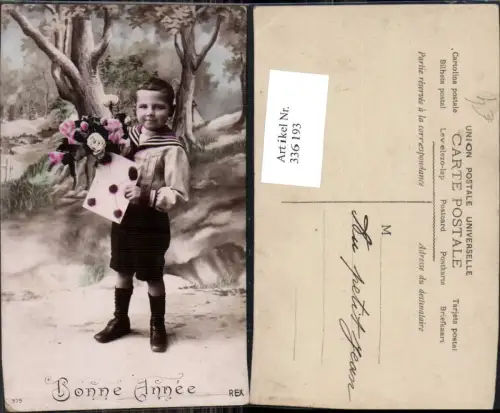 336193,Kind Kinder Bub Junge Uniform Matrosenanzug Brief Kuvert Rosen Blumen Bonne Annee