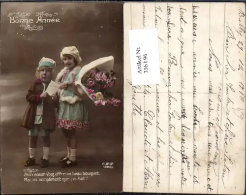 336196,Kind Kinder m. Blumenstrauß Rosen Pelz Haube Mützen Bonne Annee Spruch Text