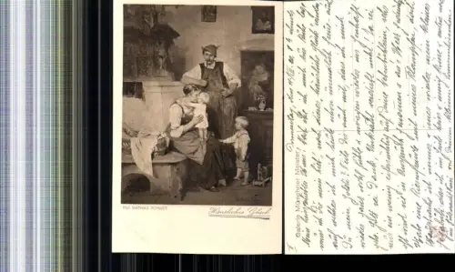 336221,Künstler Ak Mathias Schmidt Häusliches Glück Kinder m. Eltern Pfeife Rauchen Spielzeug