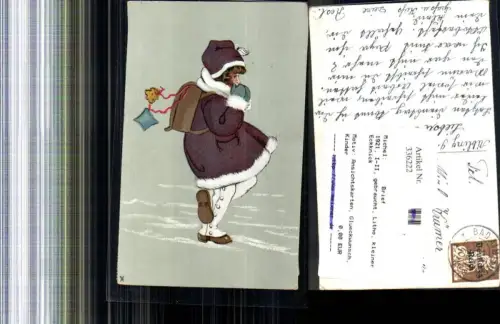 336222,Künstler Litho Kind Mädchen Mantel Pelzkragen m. Schultasche Winter