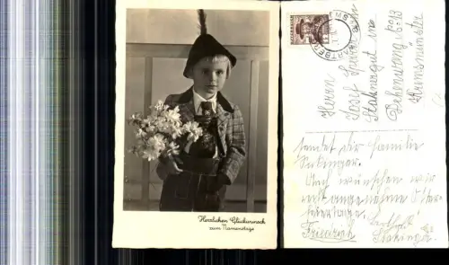 336223,Foto Ak Kind Bub Junge i. Tracht Tiroler Hut Blumenstrauß Margeriten Namenstag