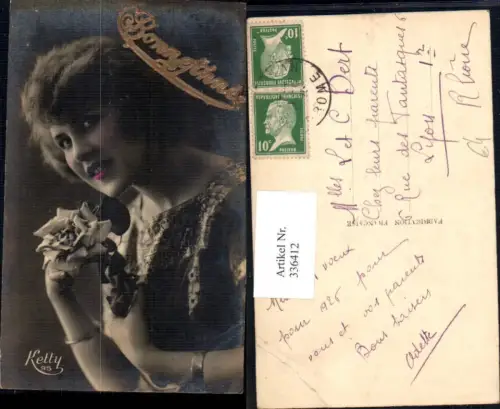 336412,Foto Ak Frau m. Rote Lippen Rose Blume