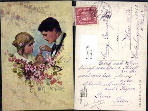338438,Künstler Ak J. Nosek Verlobt Liebe Paar Mann steckt Frau Ring an Verlobung