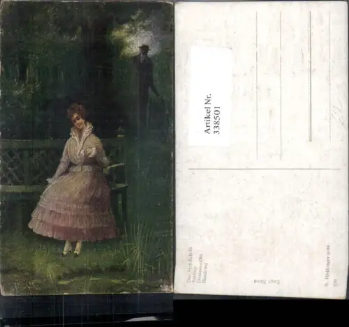 338501,Künstler Ak R. Rollinger Das Stelldichein Liebe Paar Frau wartet a. Bank Brief